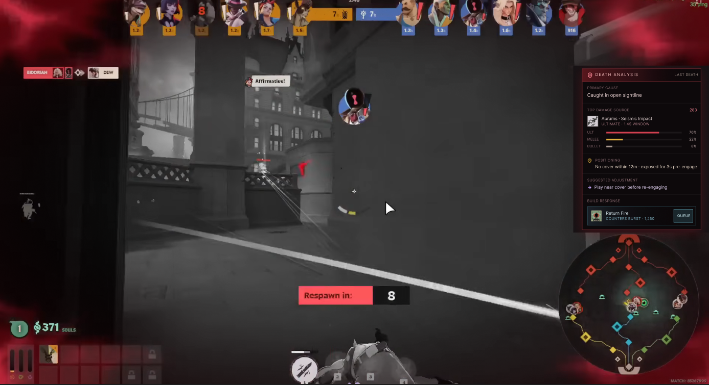 After: Death Analysis panel overlaid on Deadlock respawn screen